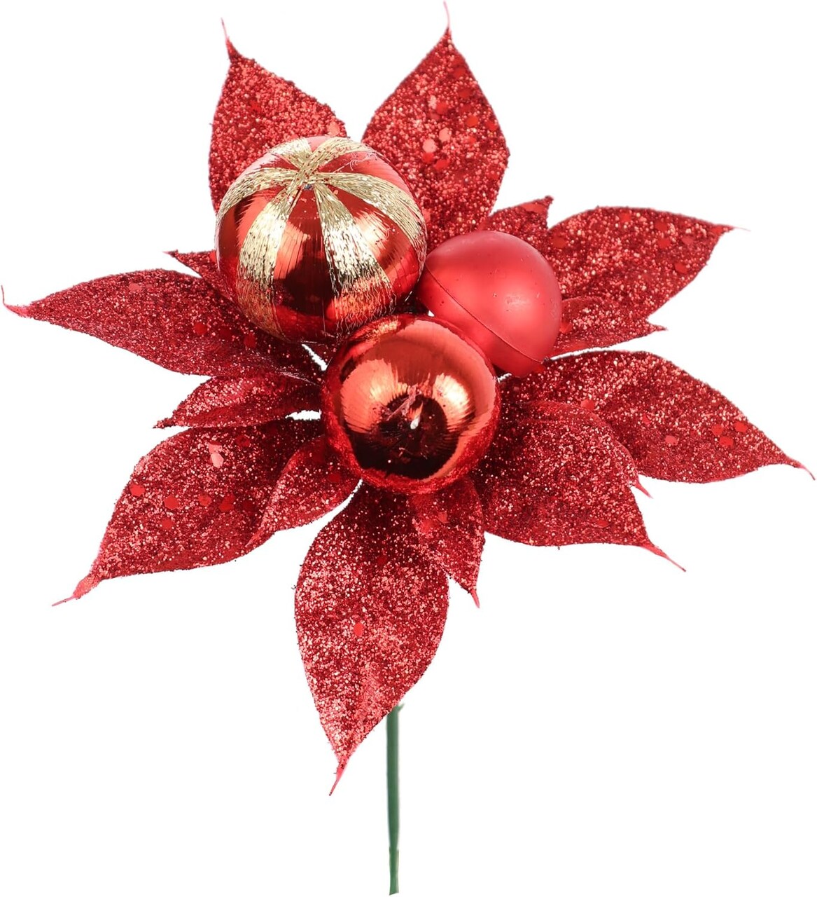 Red Glitter Poinsettia Flower Picks with Ornament Balls – Set of 12, Christmas Floral Decorations